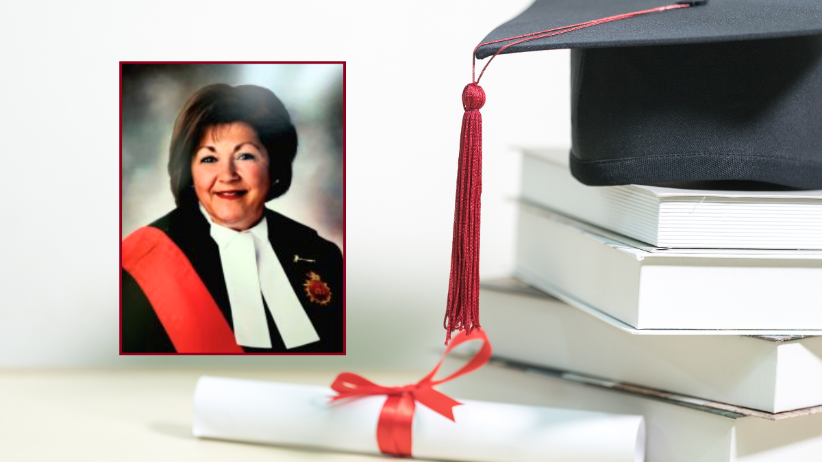 Photo of Justice Johanne Lafrance-Cardinel inset against a background with books, a graduation cap and diploma scroll wrapped in red ribbon