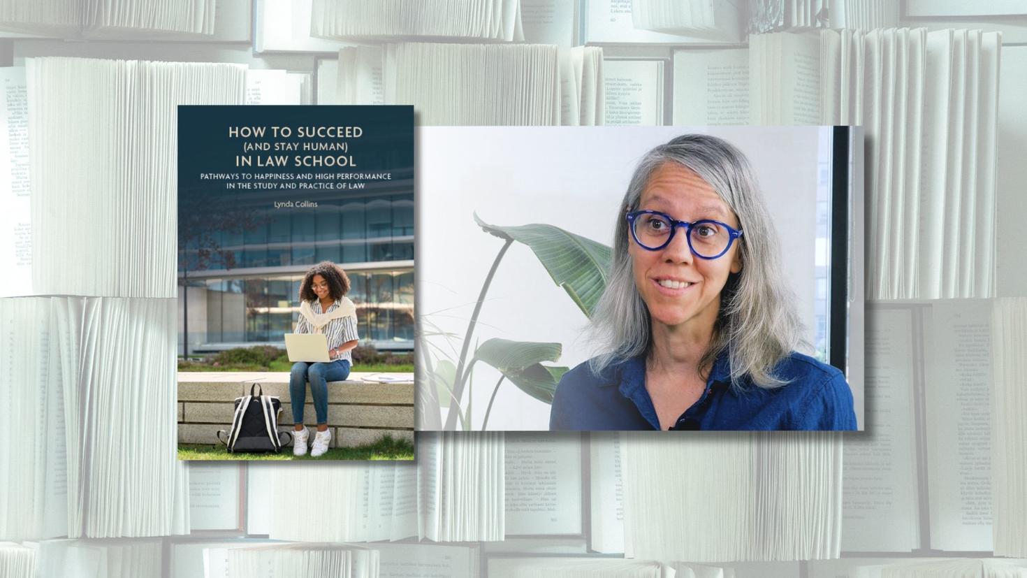 2 images, side by side. On left the cover of a book showing a female university student, sitting outside with a laptop on her lap. On the right is Lynda Collins