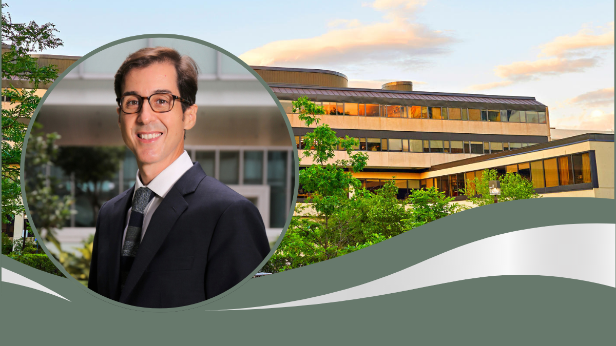 Marcelo Thompson inset against a backdrop of Fauteux Hall