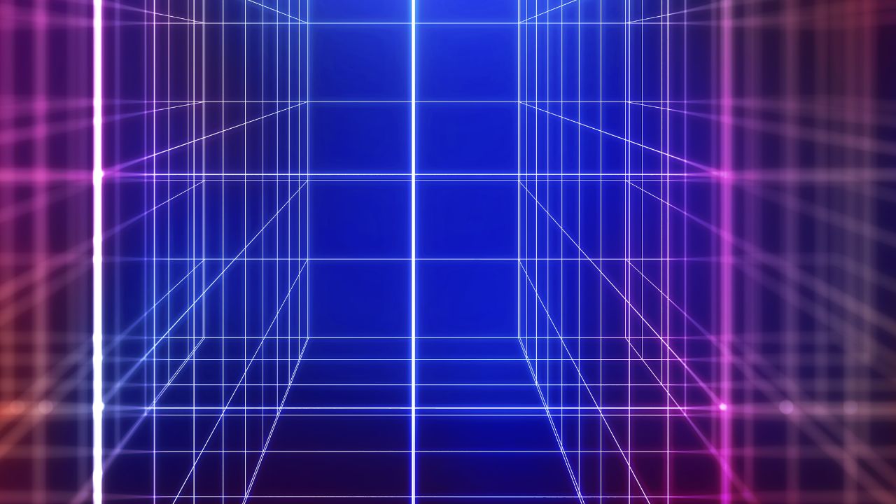 Ligne verticales colorées s'entrecroisant avec des lignes parallèles sur un fond bleu nuit 