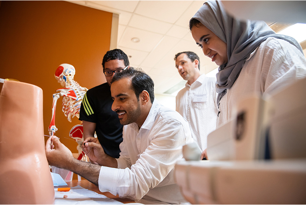 Étudiants en médecine regardant un objet