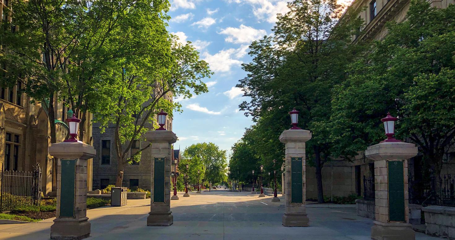 Rue du campus avec des lampadaires rouges.