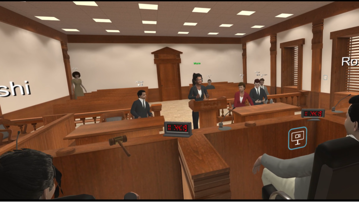Vue des avocats depuis le banc du juge lors d'un procès fictif dans un métavers.