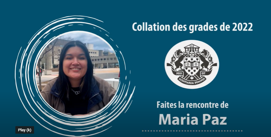 Photo of Maria Paz a new graduate, who is smiling in a white circle, blue background