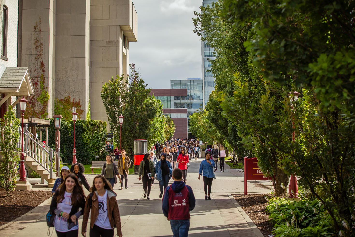 Gens marchant sur le campus.