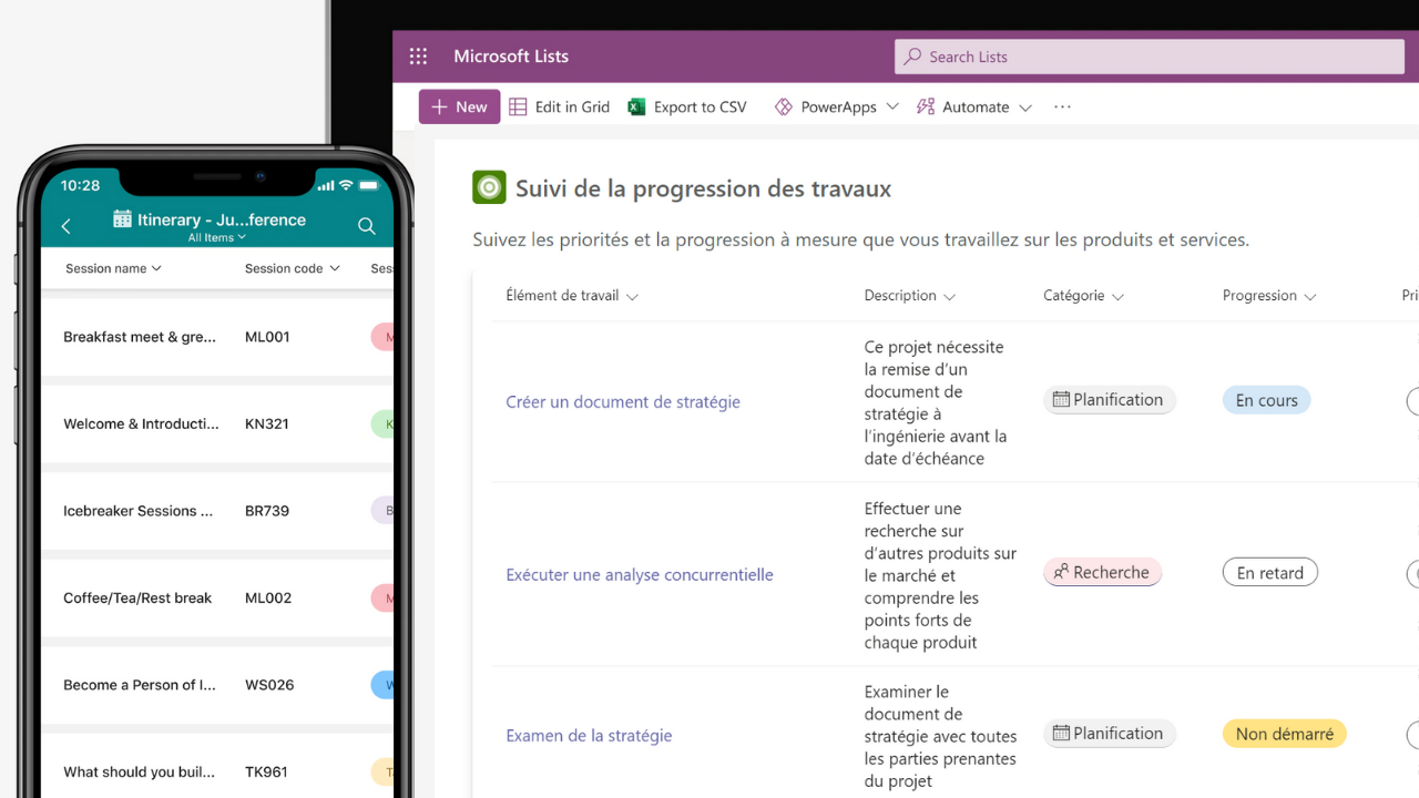 Affichage de MS Listes à partir d'un ordinateur.