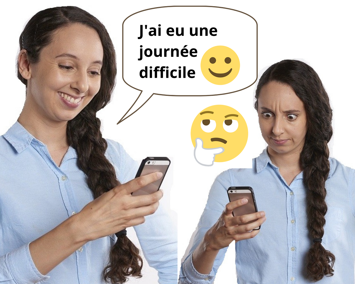 Une femme lit et réagit à un texte qui dit je viens d'avoir un rendez-vous fantastique.