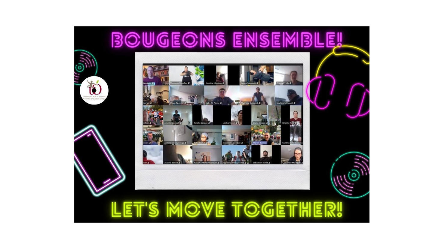 capture d'écran d'une réunion MS Teams montrant des personnes en train de faire de l'exercice avec des graphiques vectoriels au néon autour d'un texte 