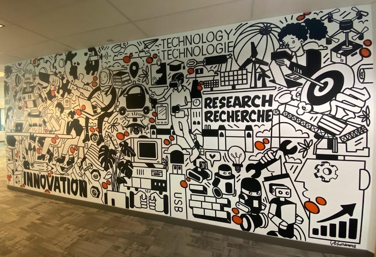Peinture murale représentant les outils de la recherche, de l'innovation et de la technologie