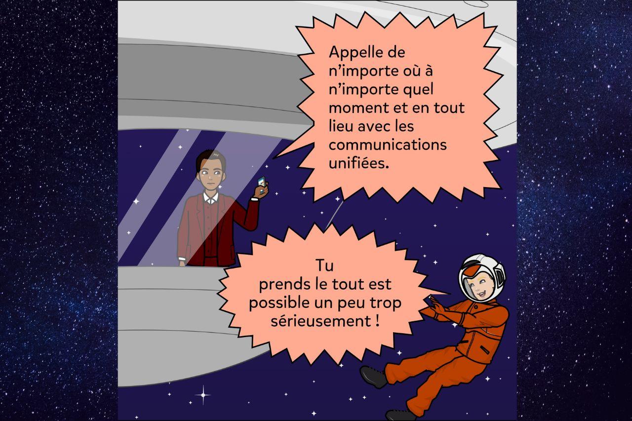2 personnages de BD  dans l'espace discutant des communications unifiées 