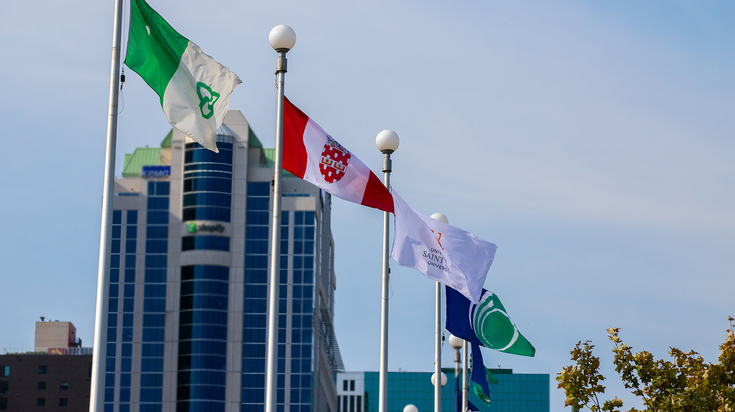 Drapeaux franco-ontariens, de l'Université d'Ottawa, de l'Université Saint-Paul et de la ville d'Ottawa hissés devant l'hôtel de ville d'Ottawa.