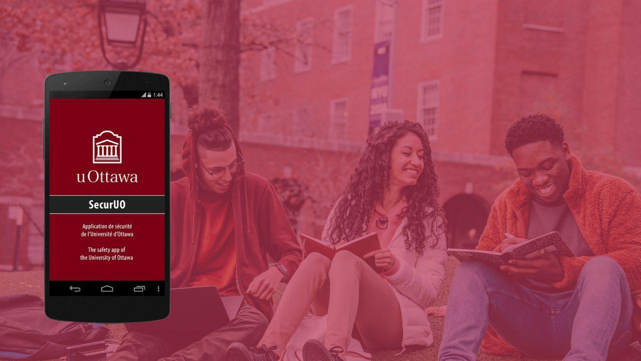 Étudiants sur le campus et capture d'écran de l'application SecurUO 