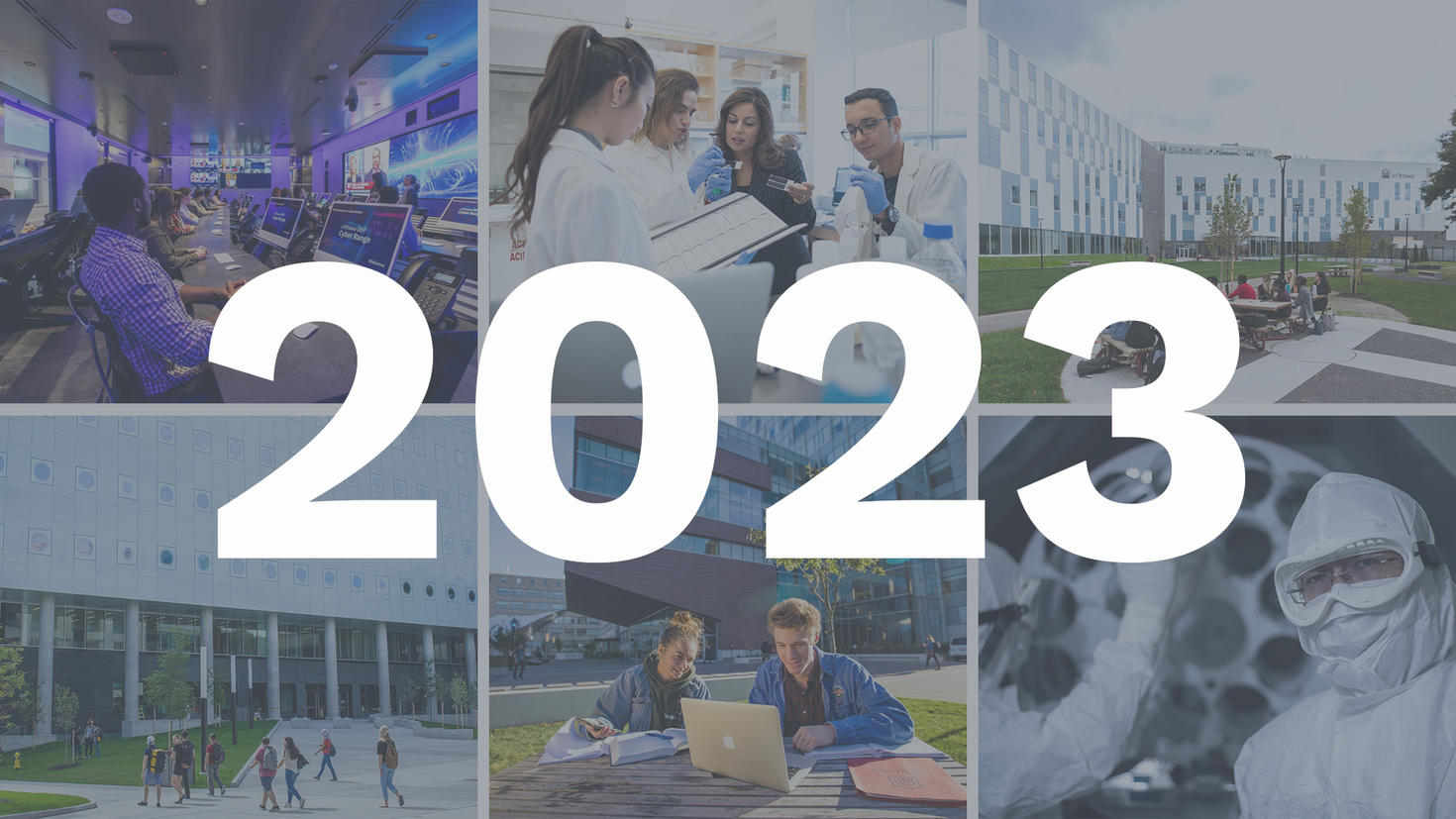 Le numéro 2023 superposé à des photos de la communauté scientifique de l'Université d'Ottawa. 