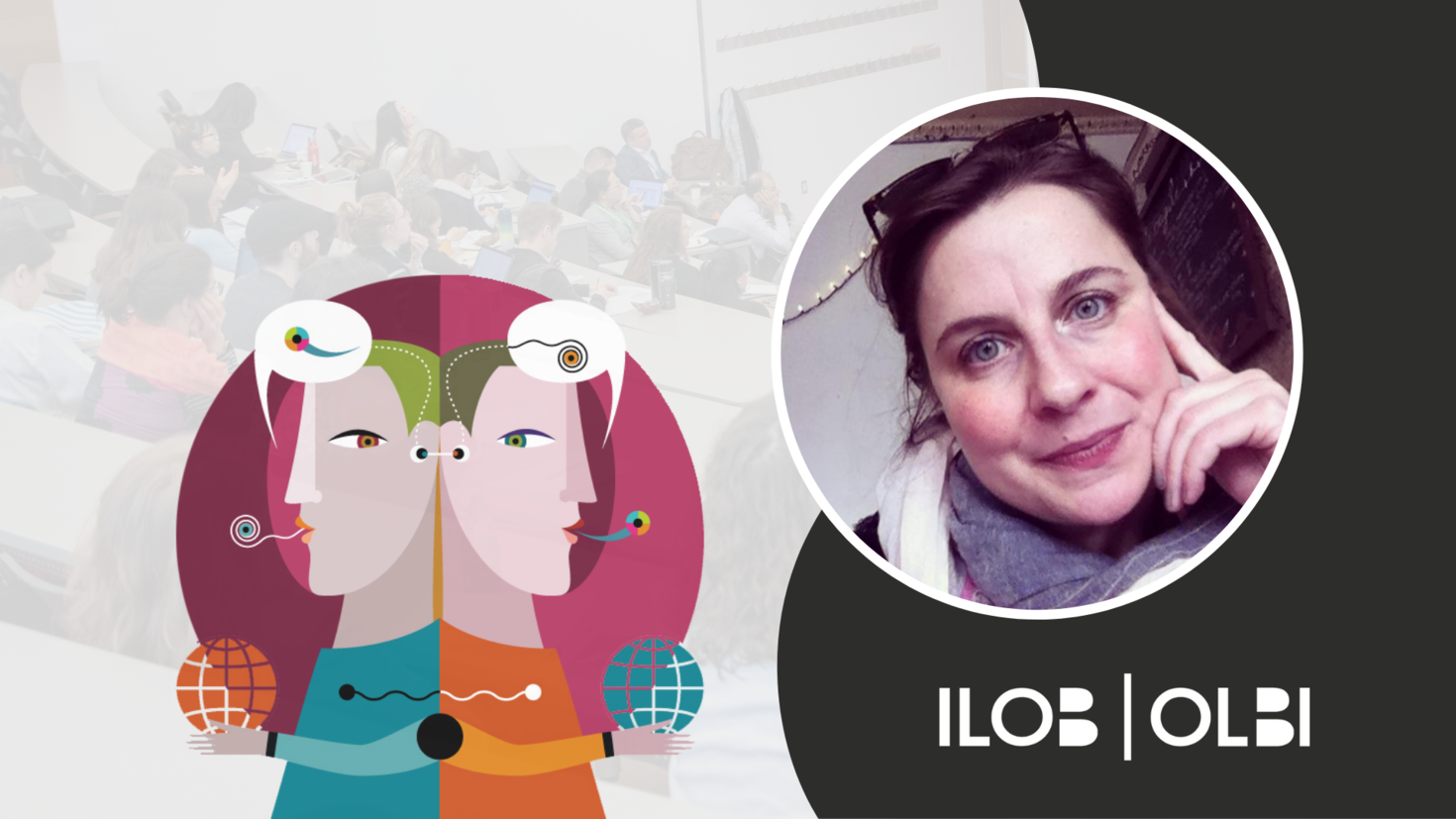 Bannière du forum de recherche CCERBAL. Le logo du CCERBAL: une illustration de deux personnages dos à dos avec des bulles de texte contenant des caractères abstraits au-dessus de leurs têtes. Une image Dr. Ruth Kircher.