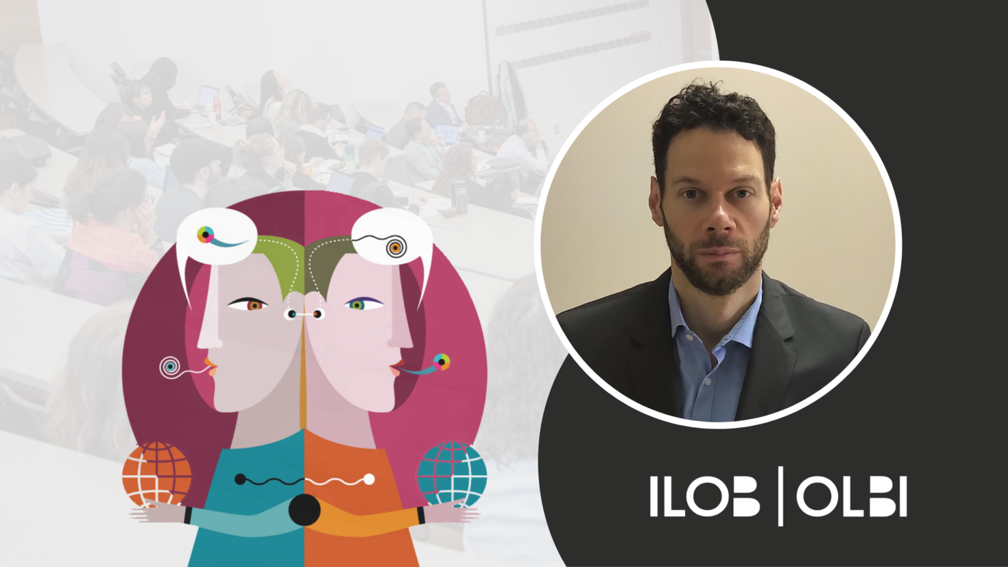 CCERBAL research forum banner. The CCERBAL logo, an illustration of two characters back to back with text bubbles containing abstract characters above their heads. An image of Randy Appel. The ILOB logo in the bottom right corner. 