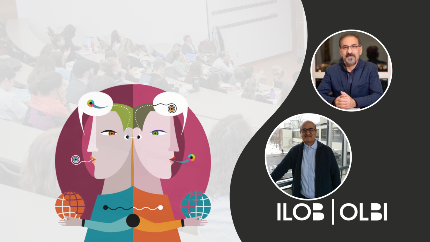 Bannière du forum de recherche CCERBAL. Le logo du CCERBAL: une illustration de deux personnages dos à dos avec des bulles de texte contenant des caractères abstraits au-dessus de leurs têtes. Une image Jaffer Sheyholislami and Rahim Surkhi. Le logo de l'ILOB dans le coin inférieur droit.    