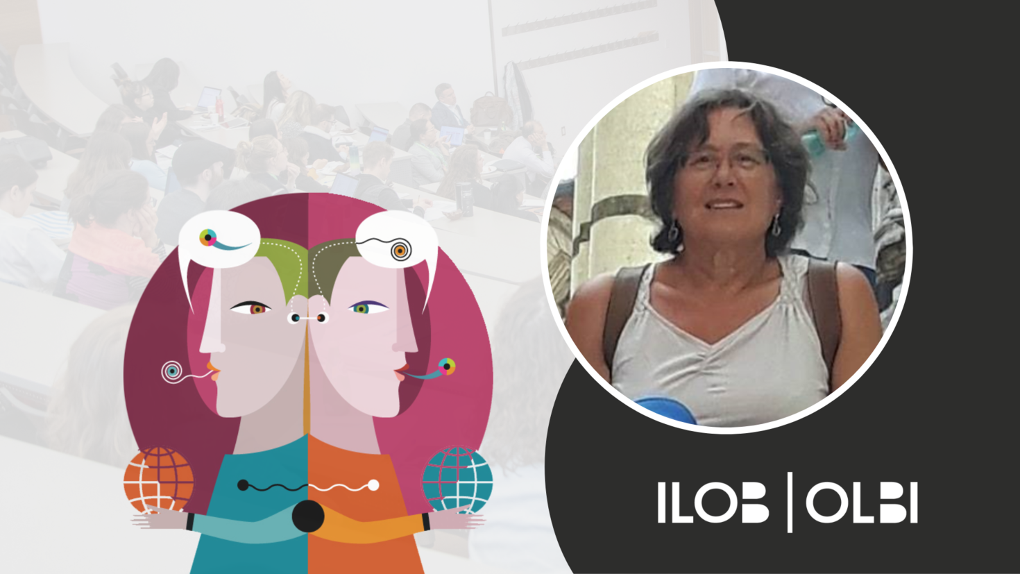 Bannière du forum de recherche CCERBAL. Le logo du CCERBAL: une illustration de deux personnages dos à dos avec des bulles de texte contenant des caractères abstraits au-dessus de leurs têtes. Une image Dr. Elizabeth Kay,. Le logo de l'ILOB dans le coin inférieur droit.