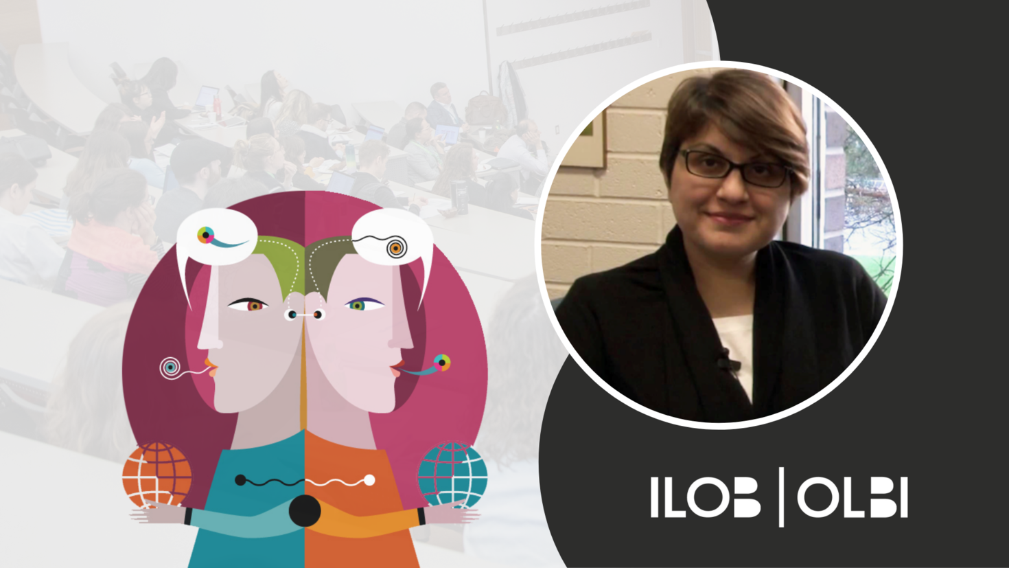 Bannière du forum de recherche CCERBAL. Le logo du CCERBAL: une illustration de deux personnages dos à dos avec des bulles de texte contenant des caractères abstraits au-dessus de leurs têtes. Une image de Eva Kartchava. Le logo de l'ILOB dans le coin inférieur droit. 