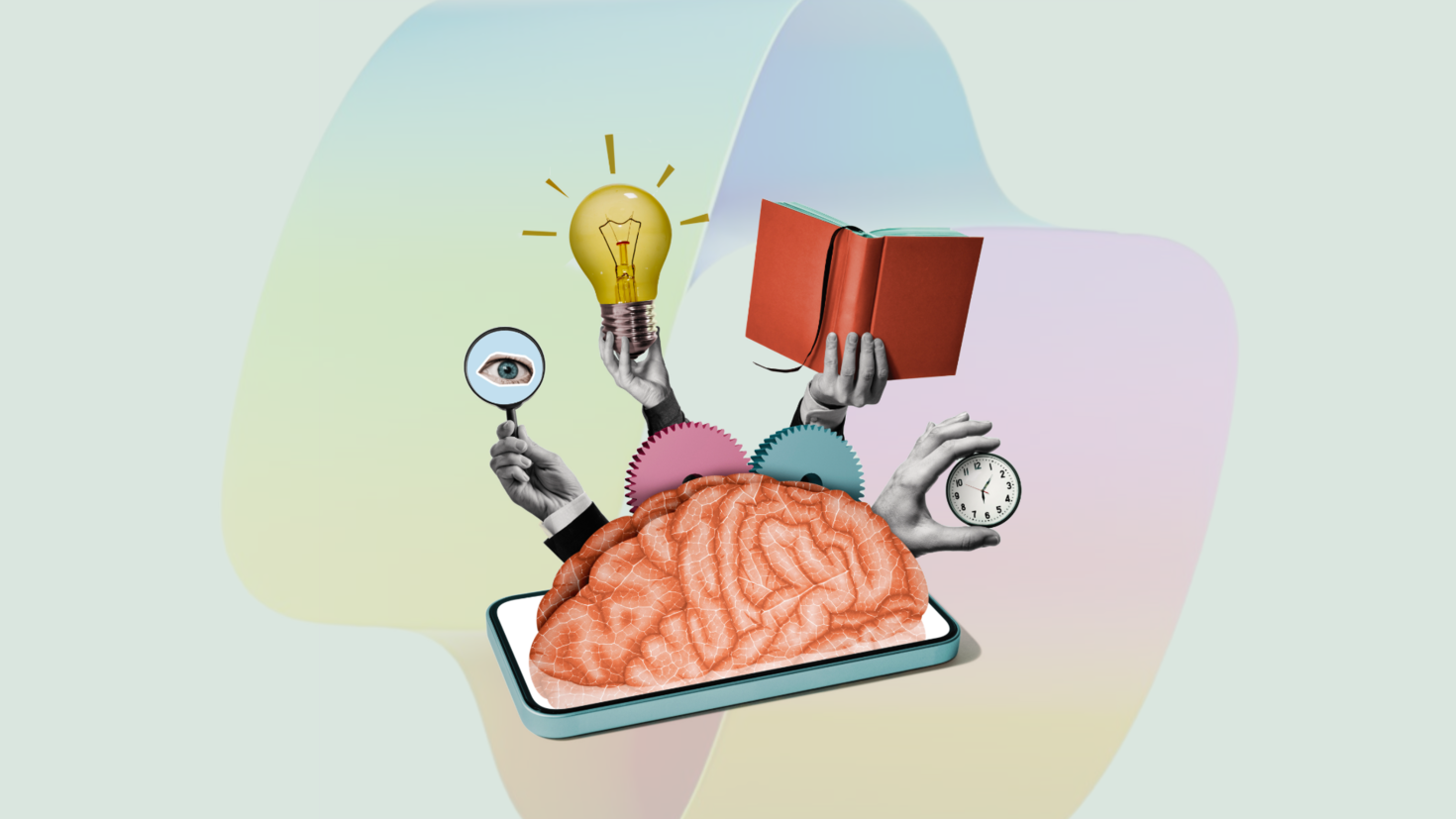 Illustration d’un cerveau humain reposant sur un smartphone. Autour du cerveau se trouvent divers éléments représentant différentes fonctions et activités cognitives.