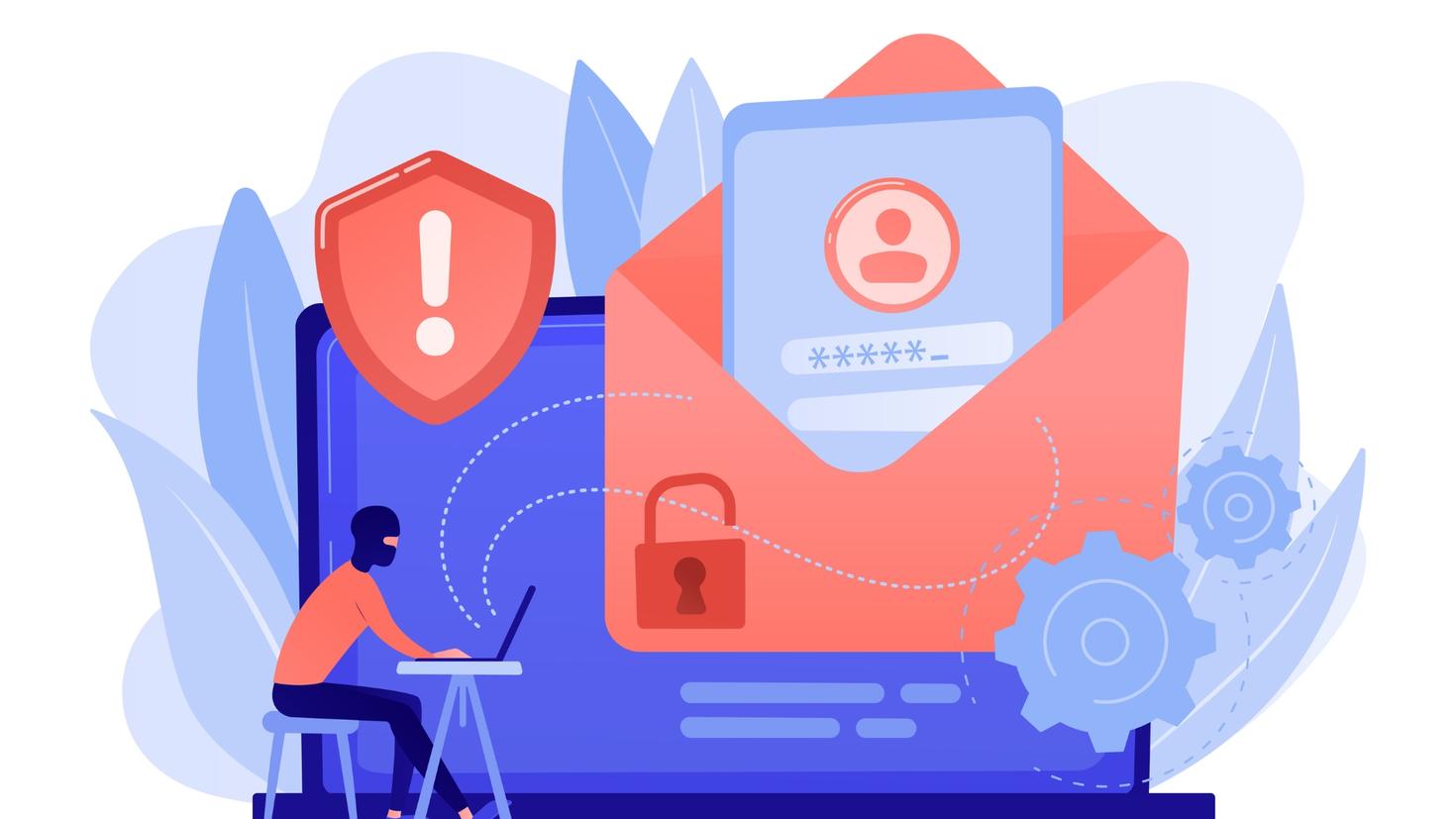 Vector image of hacker watching laptop and passwords