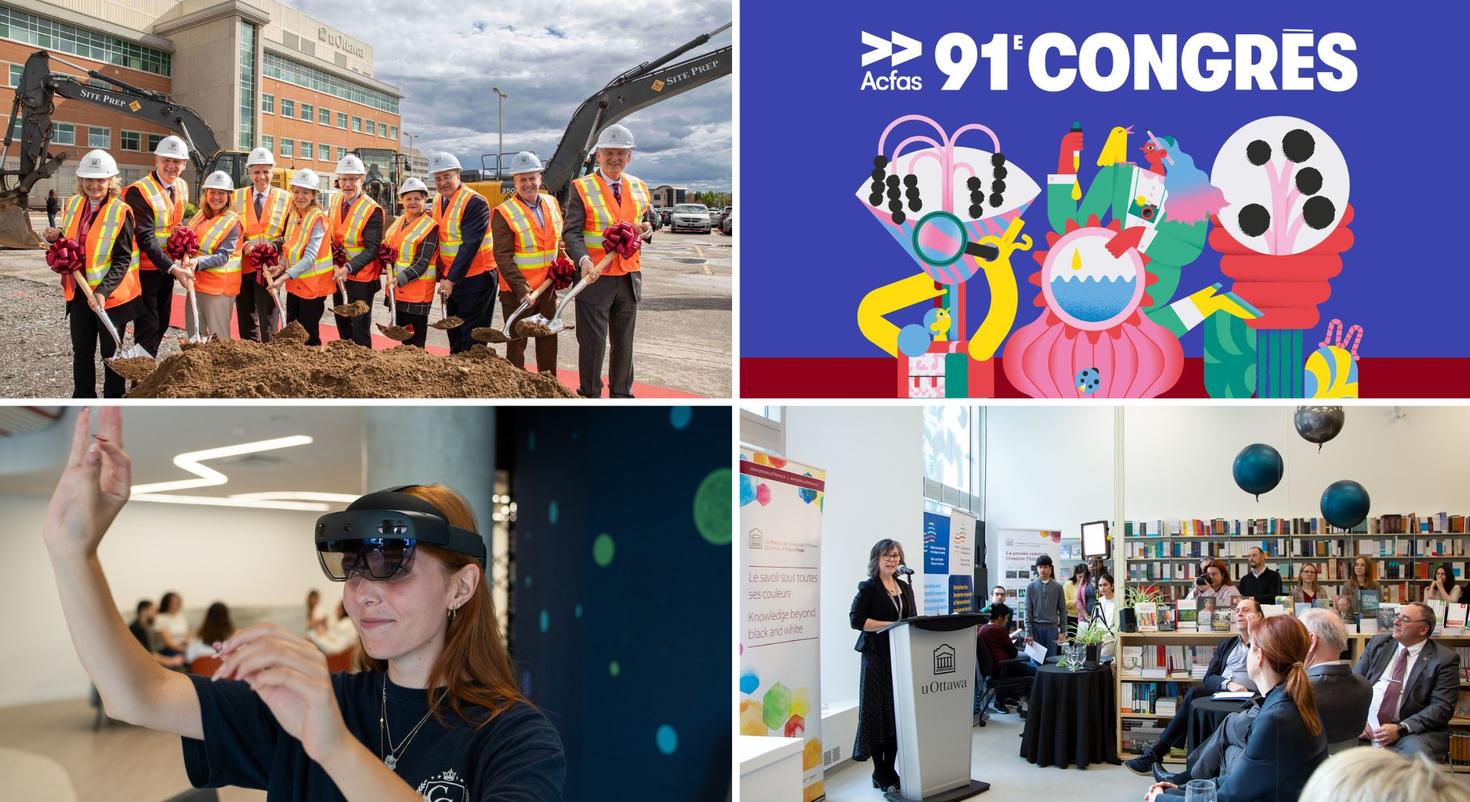 Collage de moments importants à l'Université d'Ottawa en 2024 : des membres de la communauté de divers milieux à Ottawa (santé, recherche, enseignement, action communautaire et investissement) – lors de la première pelletée de terre du site du Centre de recherche médicale de pointe, l'affiche colorée de la conférence de l’Acfas 2024, une personne utilisant des lunettes de réalité virtuelle dans l'espace INNOVA, et Lara Mainville, directrice des Presses de l'uOttawa, s'adressant à la foule lors de l'ouvertur