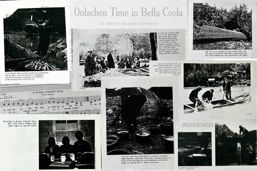 Compilation de coupures d’archives en noir et blanc datant de l’époque de l’oolachan à Bella Coola, montrant la Nation Nuxalk en train de produire de la graisse d’eulachon.