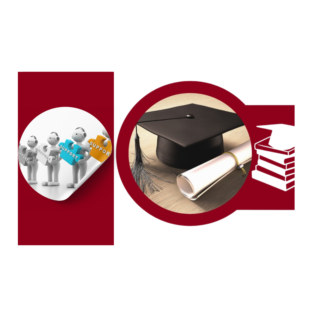 Une illustration rouge et blanche d’un chapeau de graduation et d’un diplôme, illustrant le thème de la soutenance et de la remise des diplômes, accompagnée de trois icônes représentant le personnel de soutien.