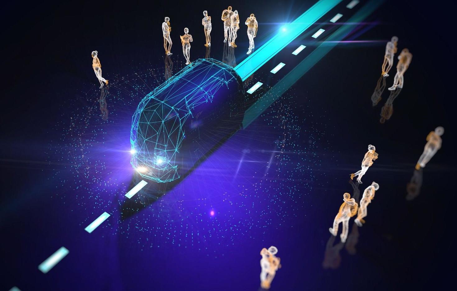 Illustration futuriste d'une navette autonome sur une voie ferrée