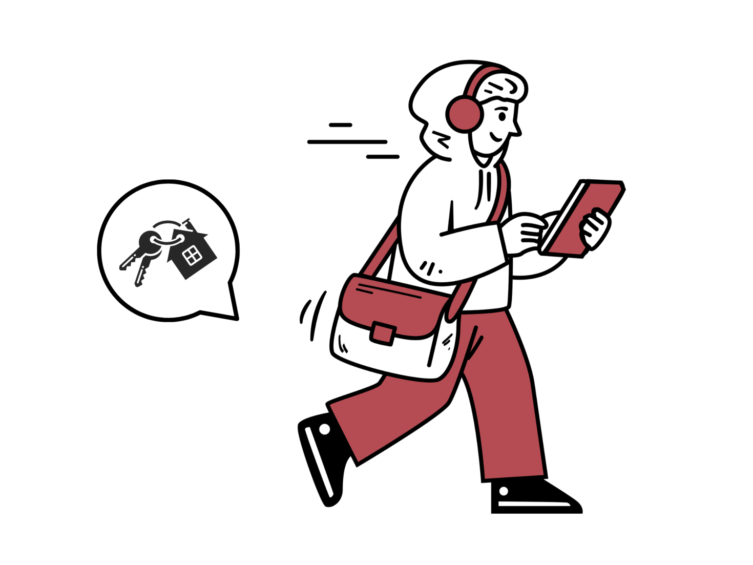 Une personne qui marche en regardant sa tablette, équipée d'écouteurs et d'un sac en bandoulière, avec des clés flottant derrière elle.
