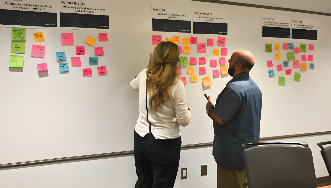 Deux personnes se tiennent devant un tableau blanc recouvert de notes autocollantes colorées et participent à une séance de brainstorming.