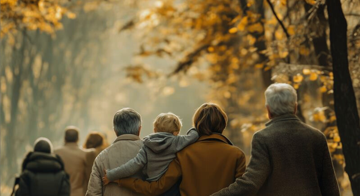 Multi-generational family walking in the autumn