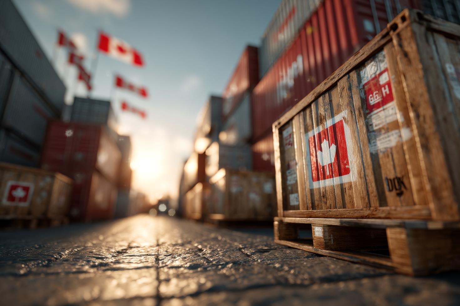 Drapeaux canadiens et conteneurs au port