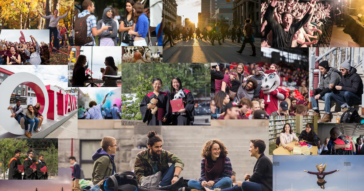 A montage of pictures with uOttawa students, uOttawa sports, etc.