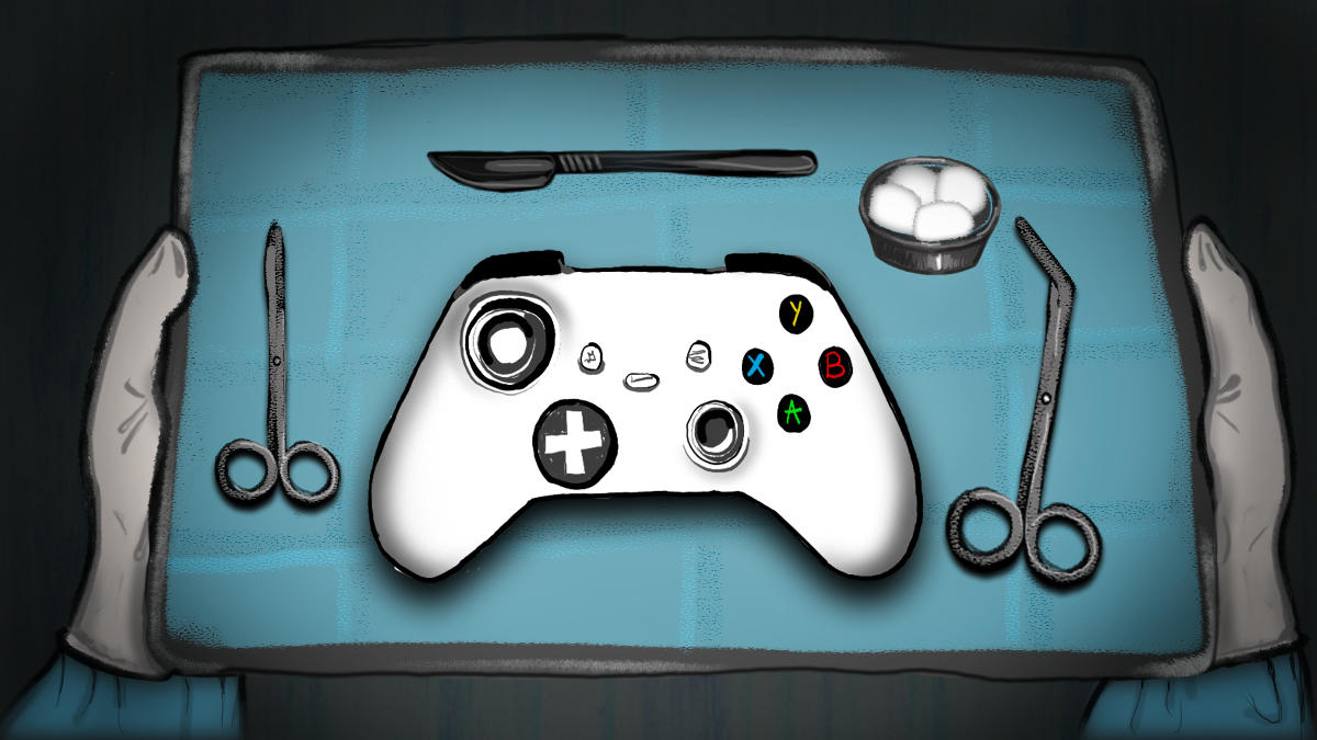 Illustration montrant une manette de jeu vidéo sur un plateau chirurgical entouré d'instruments chirurgicaux.