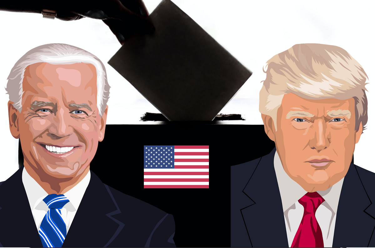 Illustration de Biden, Trump, drapeau Américain et l'urne életorale