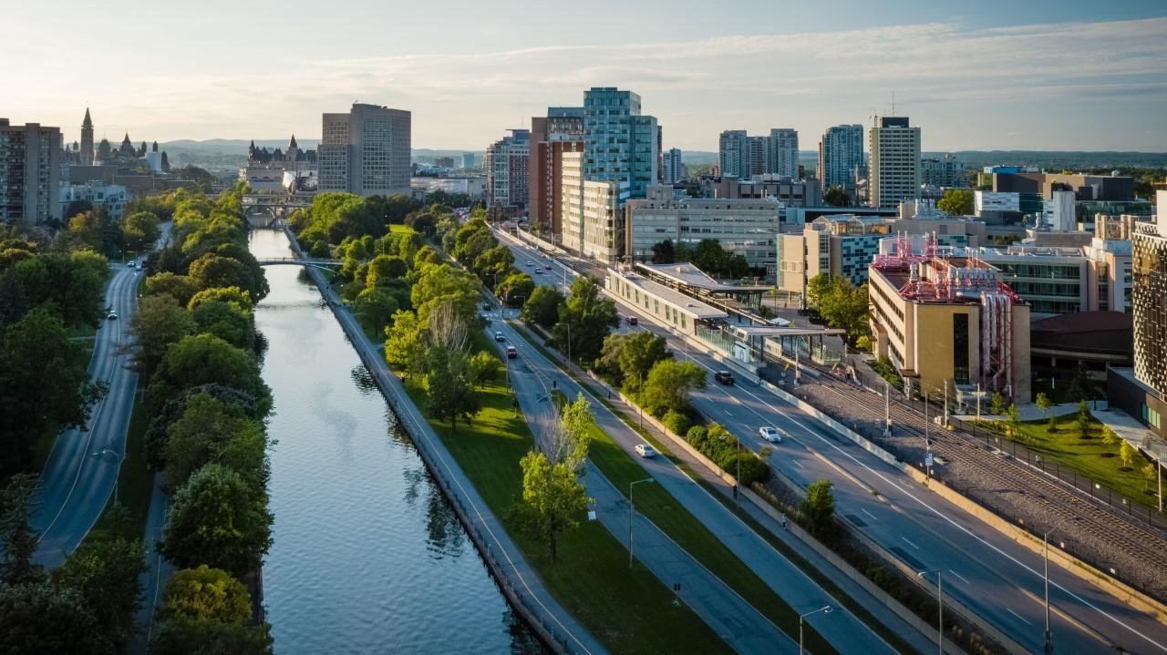 Birds eye view of campus and Rideau canal.