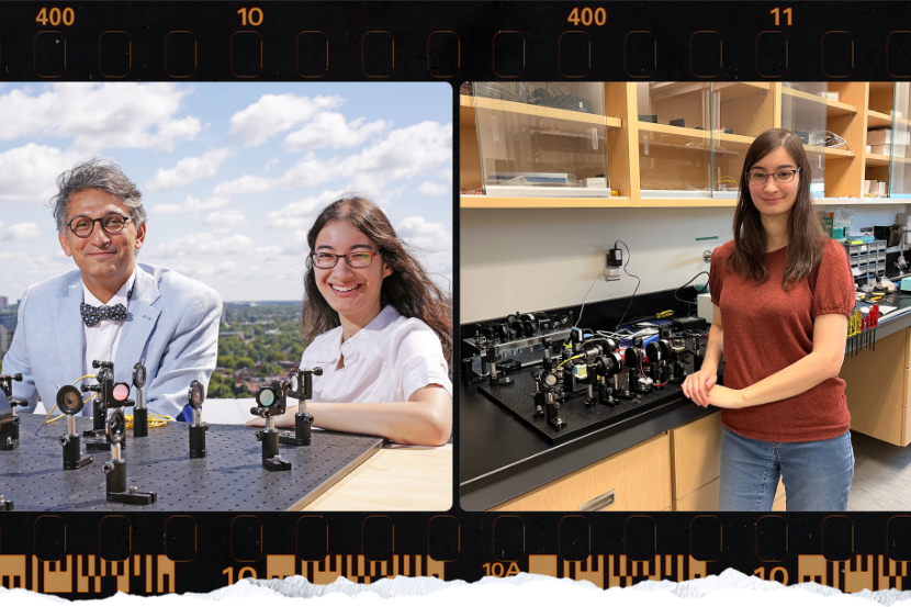Alicia Sit and her supervisor, Ebrahim Karimi, in front of a photonics workstation.