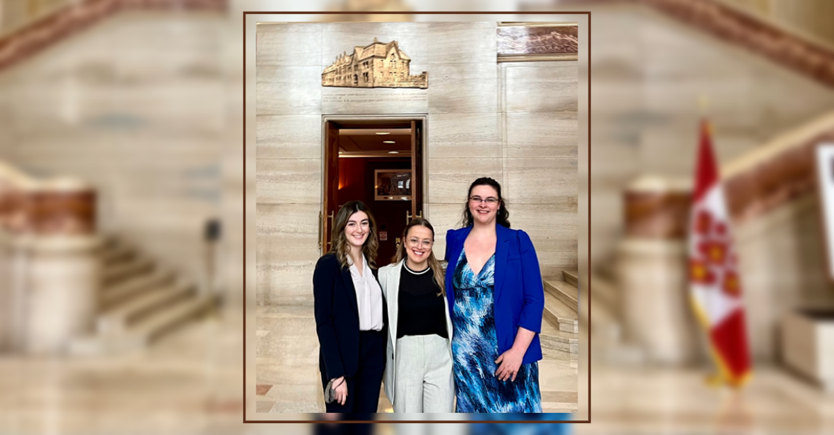 Julia Kafato, Ana Nizhardze, Jessica Rollins before rehearsal in the Supreme Court of Canada building.