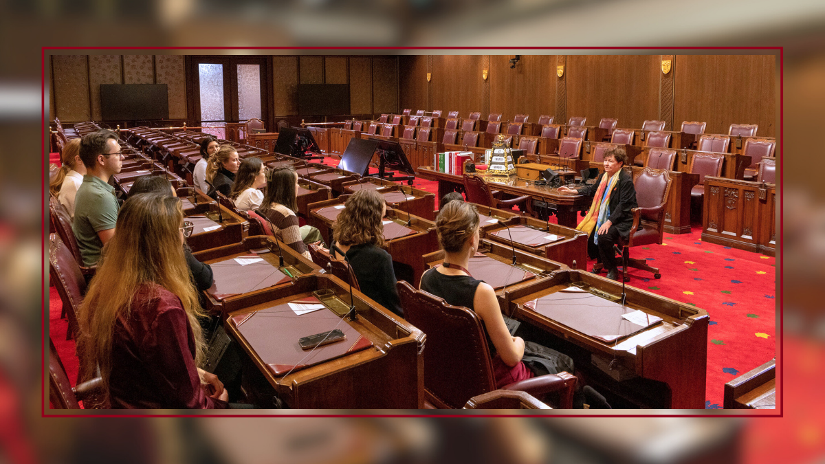 Students of the course CML 4917B sit in the Senate with Senator Yvonne Boyer. 