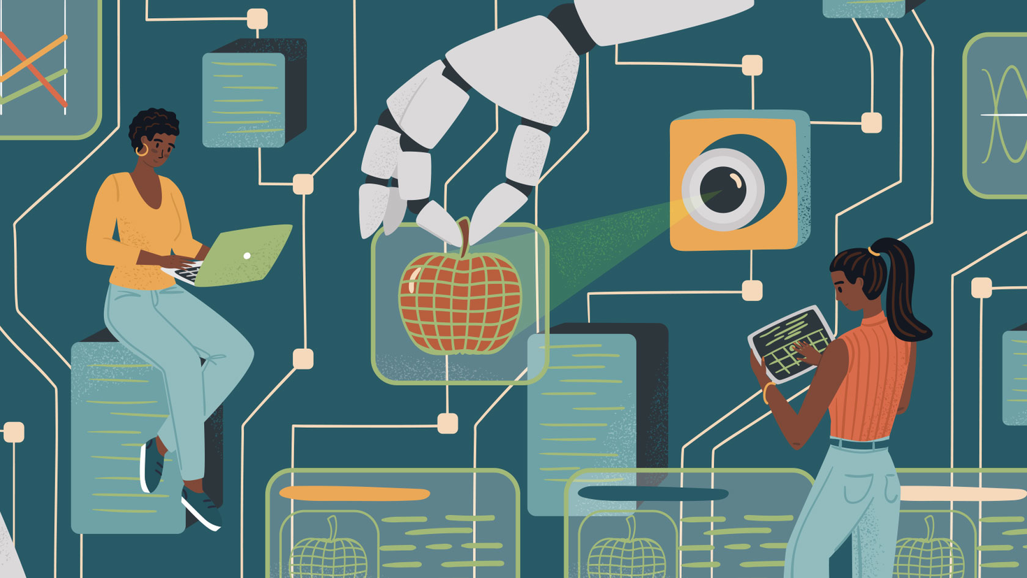 Illustration of two people working in research, one controlling a robotic arm with digital tablet.