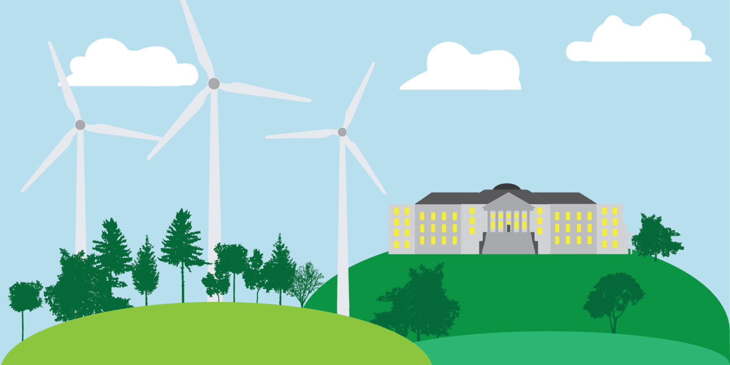 cartoon image of the University of Ottawa with wind turbines in the background