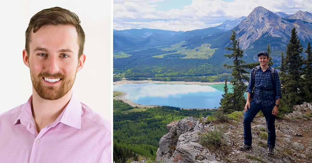  Reed Bell's portrait, left, and him on a hike, right