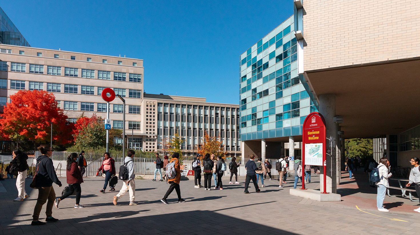 Étudiants marchant sur le campus.