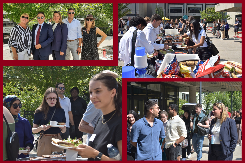 Collage of photos of students and faculty members taken during the Dean's BBQ