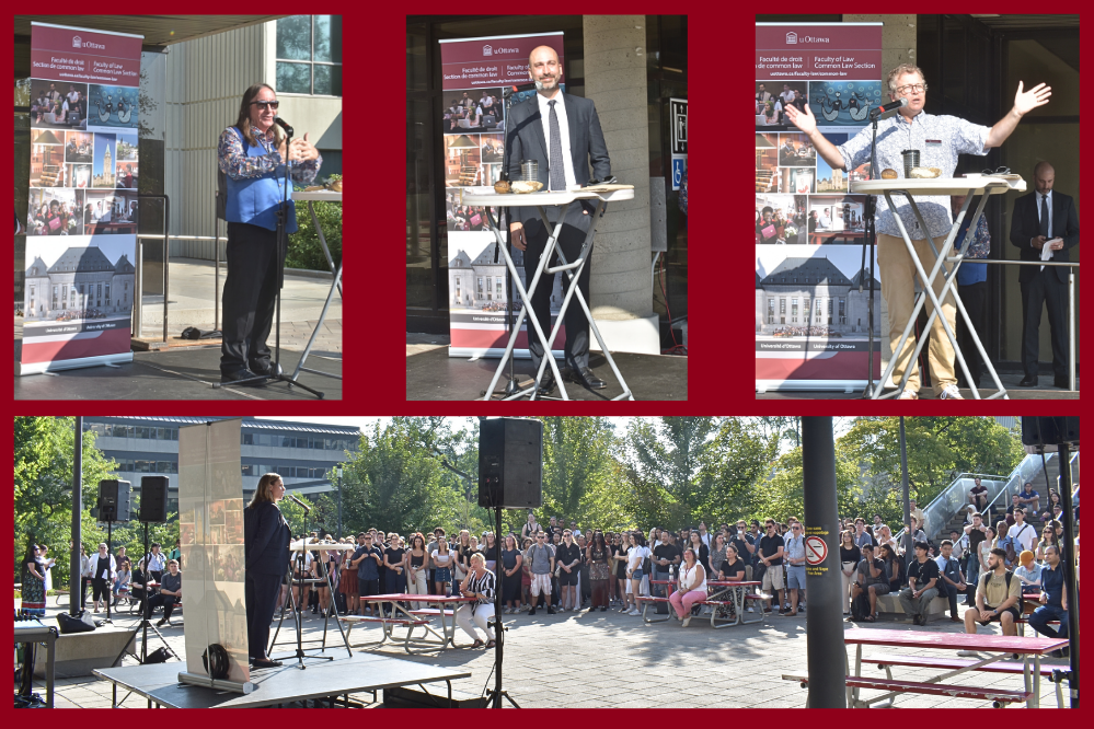 Collage of photos of various speakers onstage during the CLAW Orientation Welcome Speech