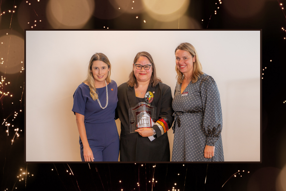 The Honorable Jodie-Lynn Waddilove poses with her nominator, Caitlin Tolley and Dean Kristen Boon