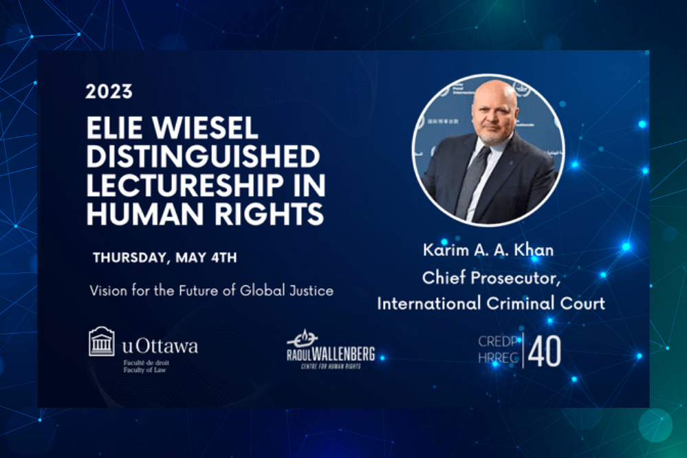 Poster promoting the 2023 Elie Wiesel Distinguished Lectureship in Human Rights, with photo inset of Karm A.A.Khan, Chief Prosecutor of the INternational Criminal Court