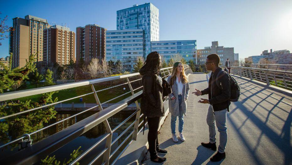 people standing on a bridge