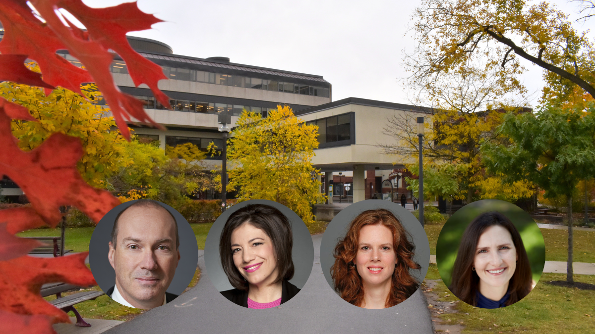 Photo of exterior of Fauteux building with 4 small circular portraits inset
