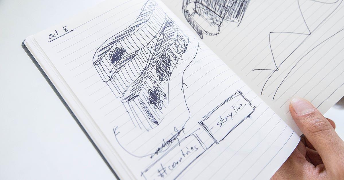 Page from a sketchbook dated October 8 showing a sketch of the art installation with the inscriptions